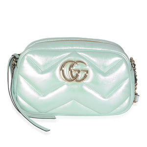 Gucci Salvy Green Iridescent Nappa Chevron Matelasse Small GG Marmont Chain Bag